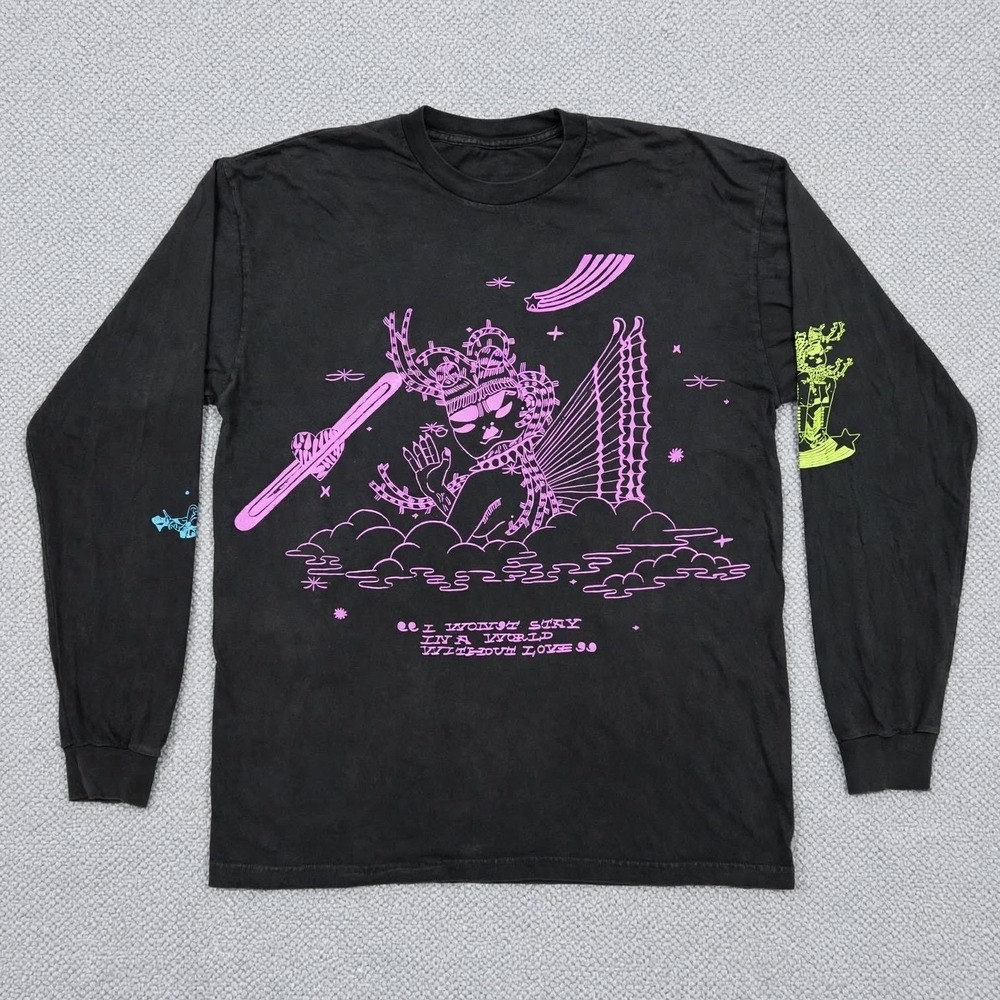 Heather Benjamin Long Sleeve T Shirt Mens XL Washed Black 4 Print Art Patch Neck